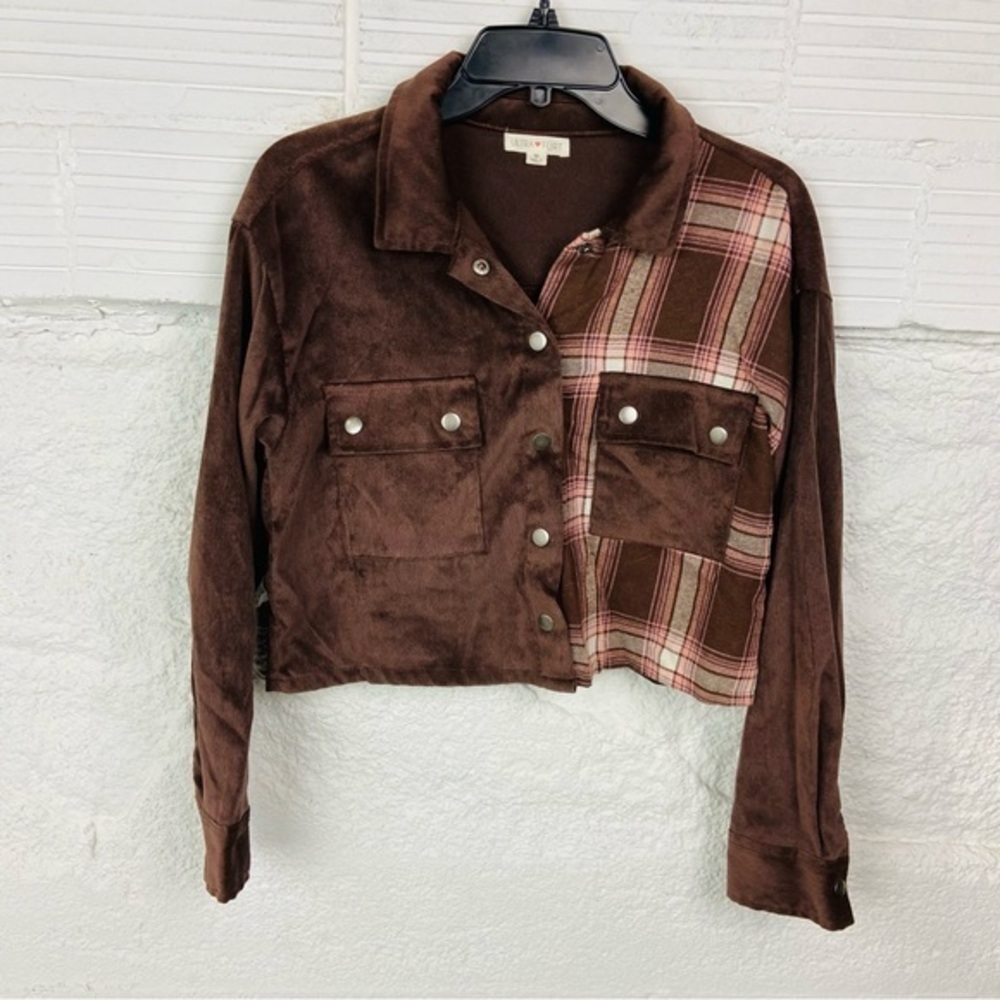 Ultra Flirt Brown Plaid corduroy cropped Utility Jacket size medium